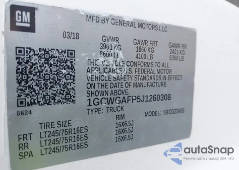 2018 Chevrolet Express 2500 Work Van z USA, uszkodzony, nr VIN 1GCWGAFP5J1260308